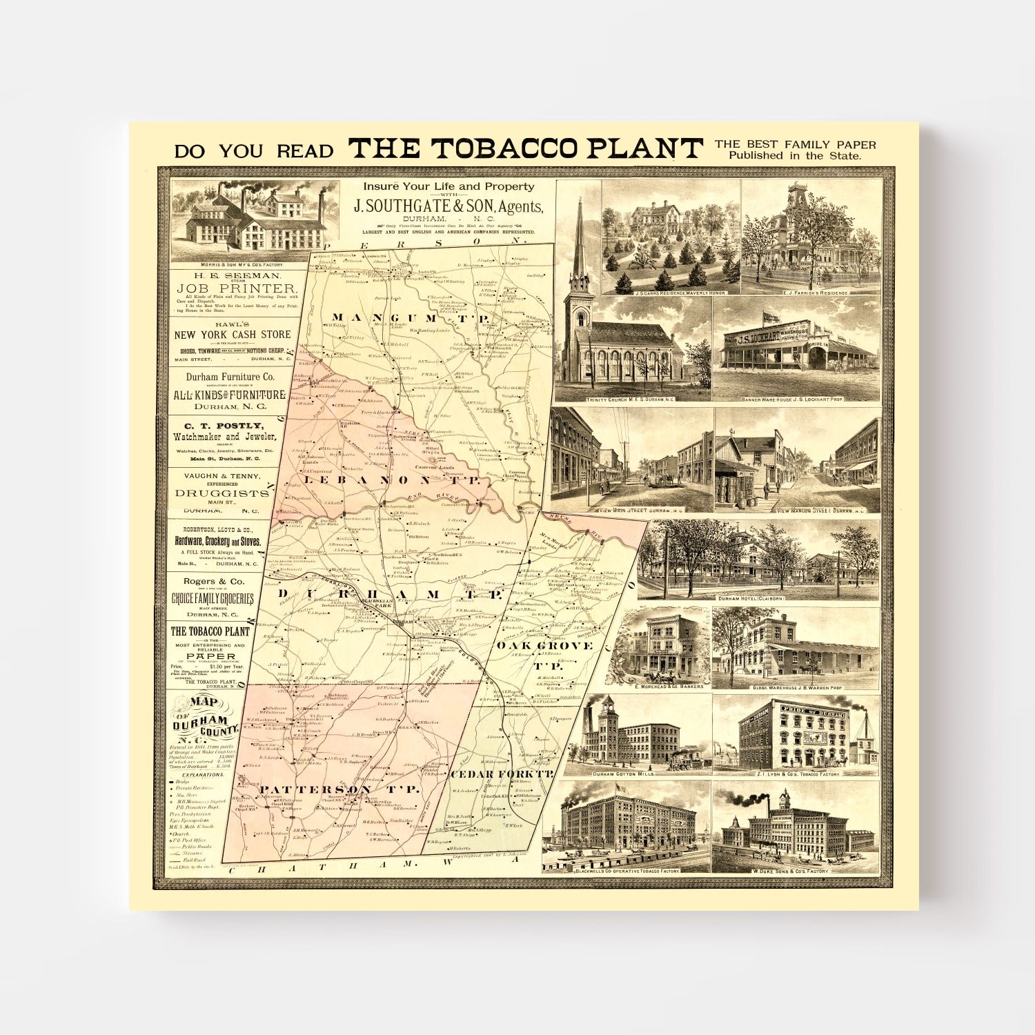 Vintage Map of Durham County, North Carolina 1887