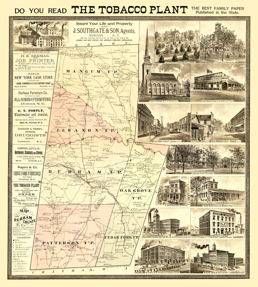 Vintage Map of Durham County, North Carolina 1887