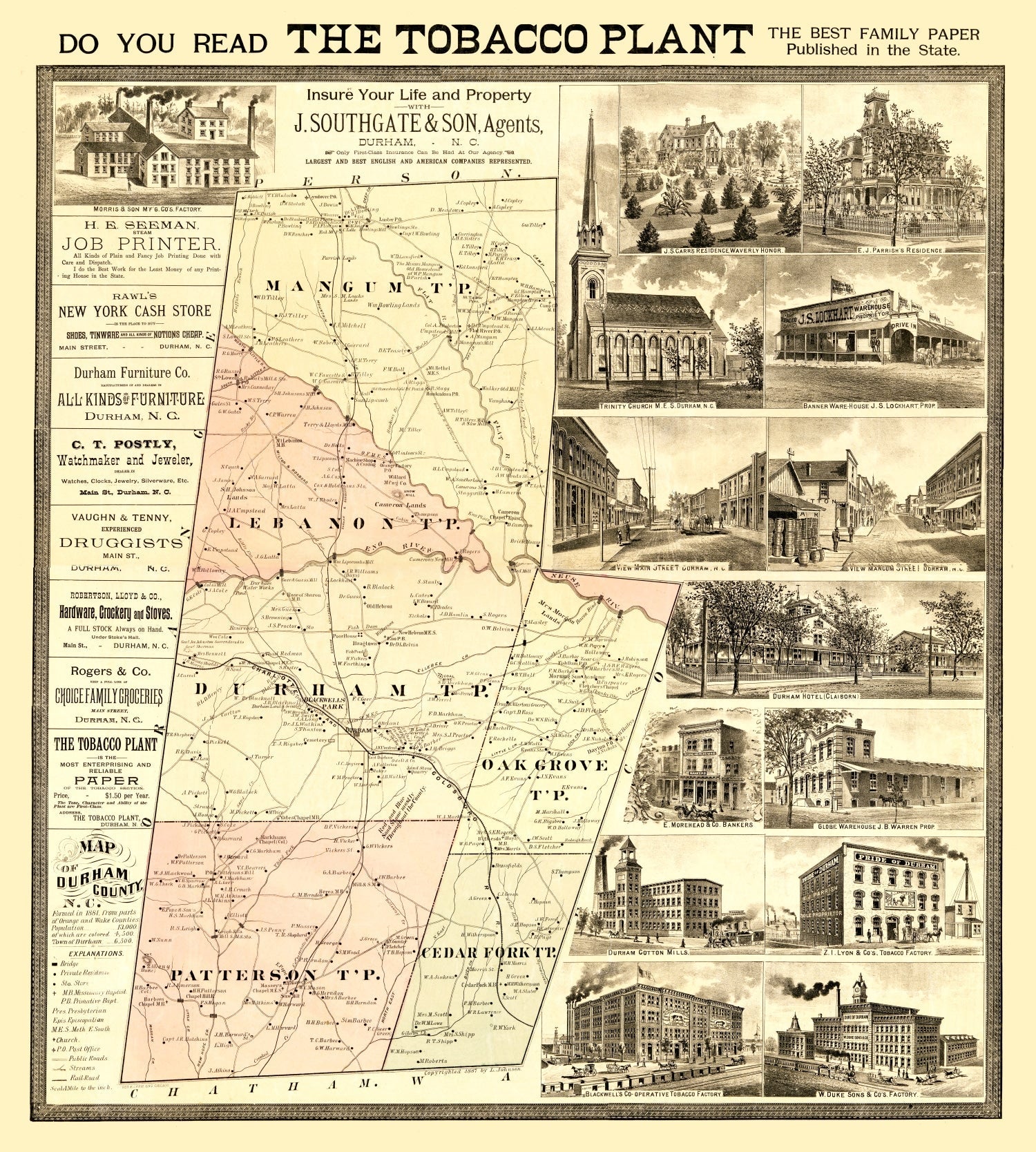Vintage Map of Durham County, North Carolina 1887