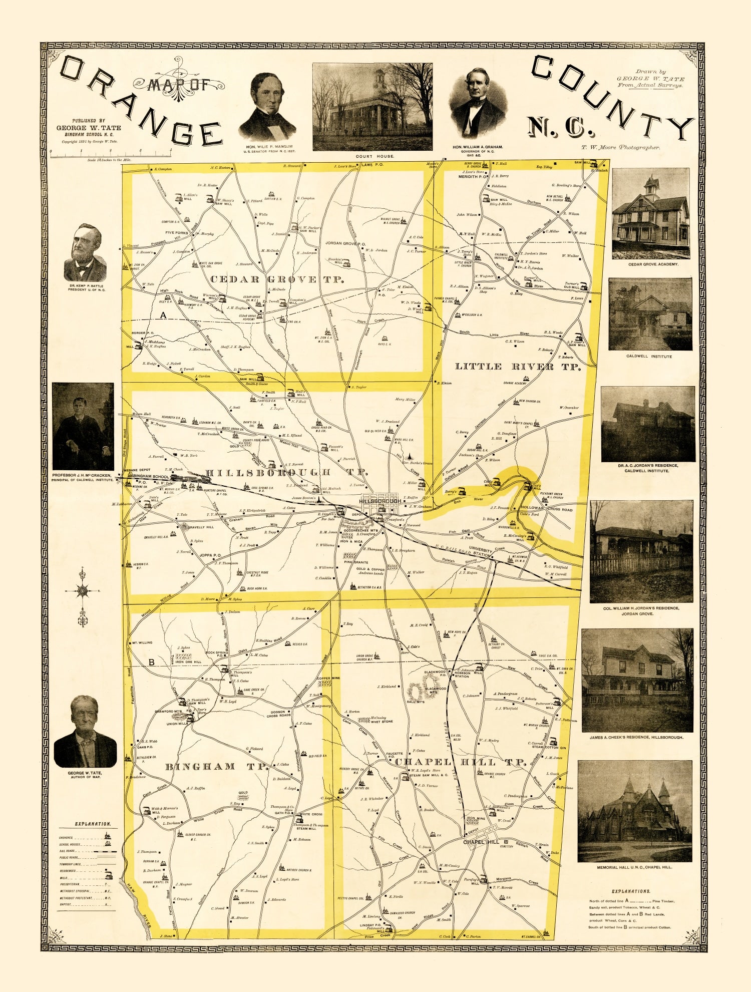 Vintage Map of Orange County, North Carolina 1891