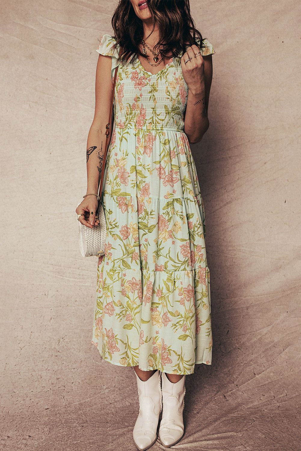 Floral Smocked V-Neck Ruffle Tiered Maxi Dress