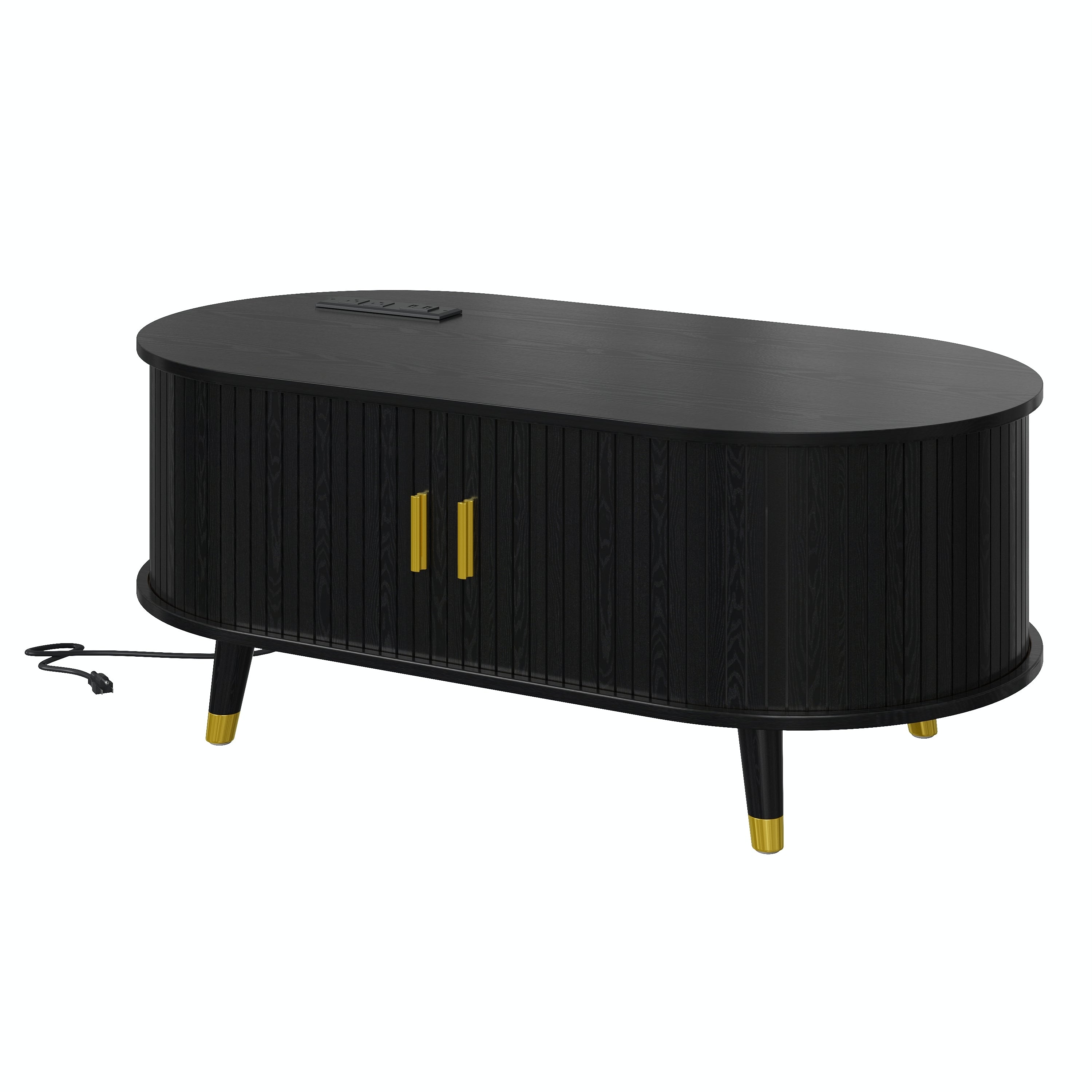 Wooden Farmhouse TV Stand & Coffee Table Set with Charging Station, Oval Fluted Media Console with Sliding Doors for TVs up to 80', Mid-Century Center Table with Solid Wood Legs for Living Room,Black