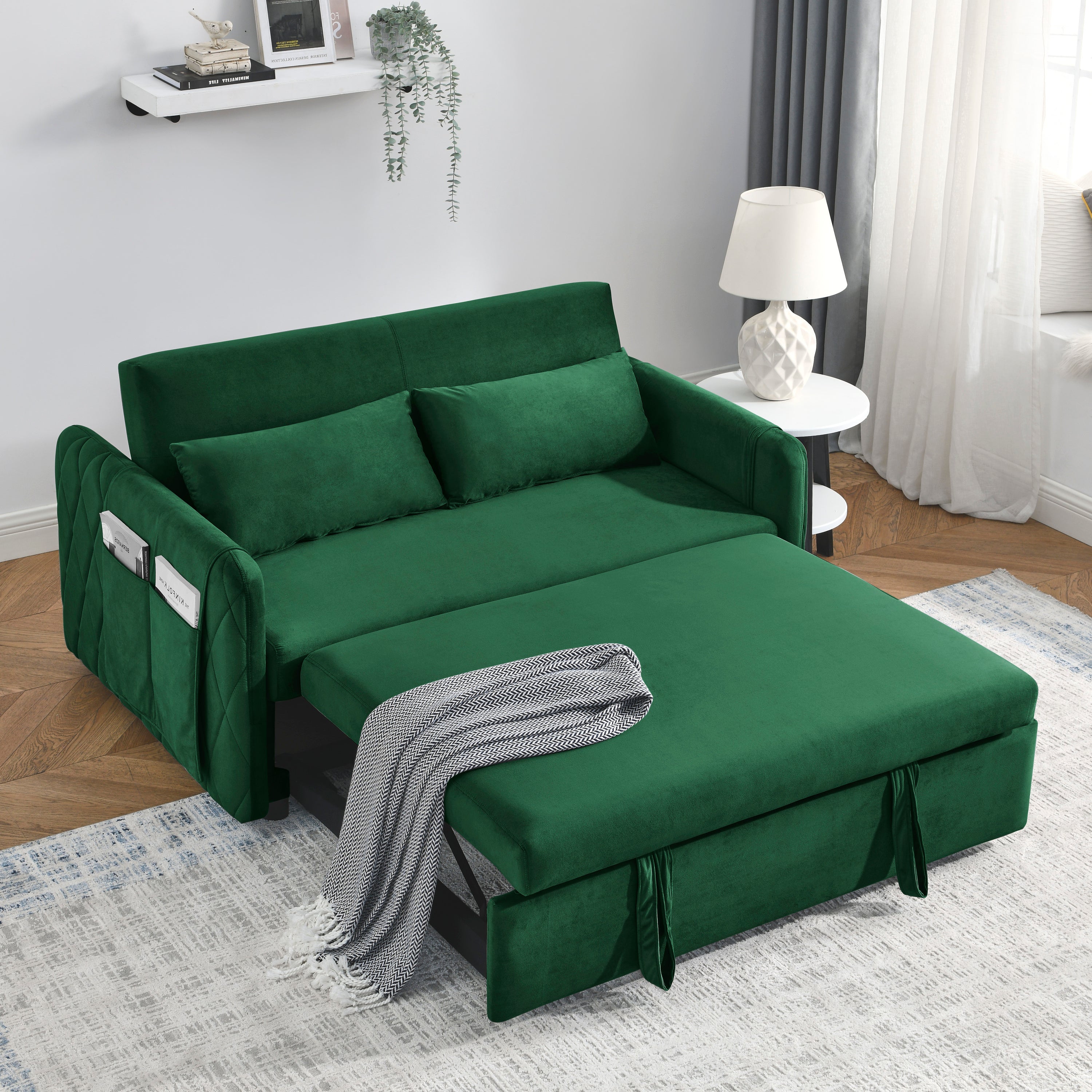 55' Modern Convertible Sofa Bed with 2 Detachable Arm Pockets, Velvet Loveseat Sofa with Pull Out Bed, 2 Pillows and Living Room Adjustable Backrest, Grid Design Armrests