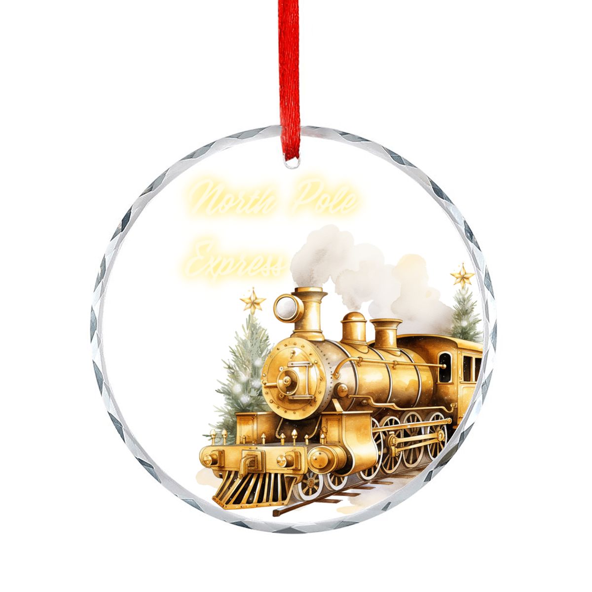 North Pole Express Golden Train Round Glass Christmas Ornament (Made in USA)