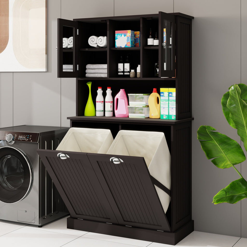 Two-Compartment Tilt-Out Dirty Laundry Basket Tall Bathroom Cabinet with 2 Adjustable Shelves-Black