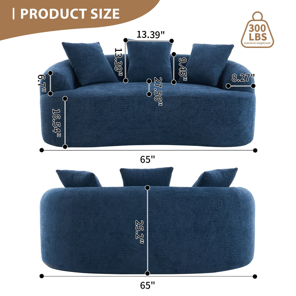 LY-025S Curved Loveseat Blue Full Compression Sponge Sofa, 30D Chenille No-Assembly Compact Sofa for Small Spaces & Apartments, 65'L, 300 lbs, 3 Pillows