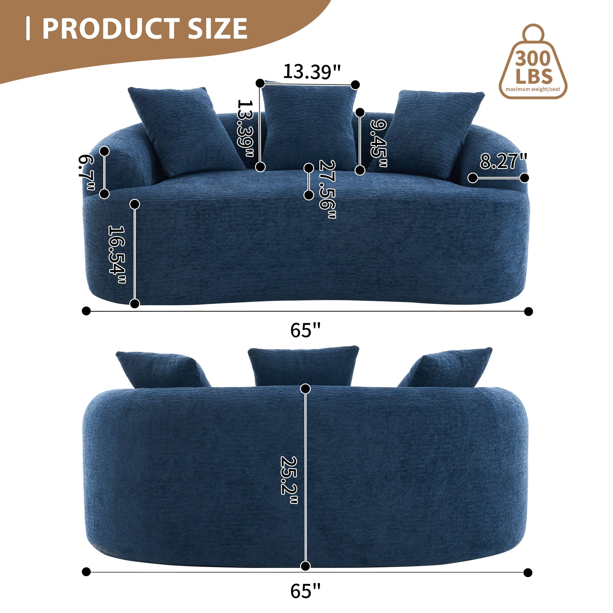 LY-025S Curved Loveseat Blue Full Compression Sponge Sofa, 30D Chenille No-Assembly Compact Sofa for Small Spaces & Apartments, 65'L, 300 lbs, 3 Pillows