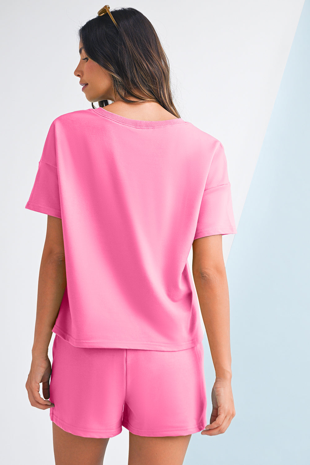 Women's V-neck Drop Shoulder Tee and Drawstring Shorts Set