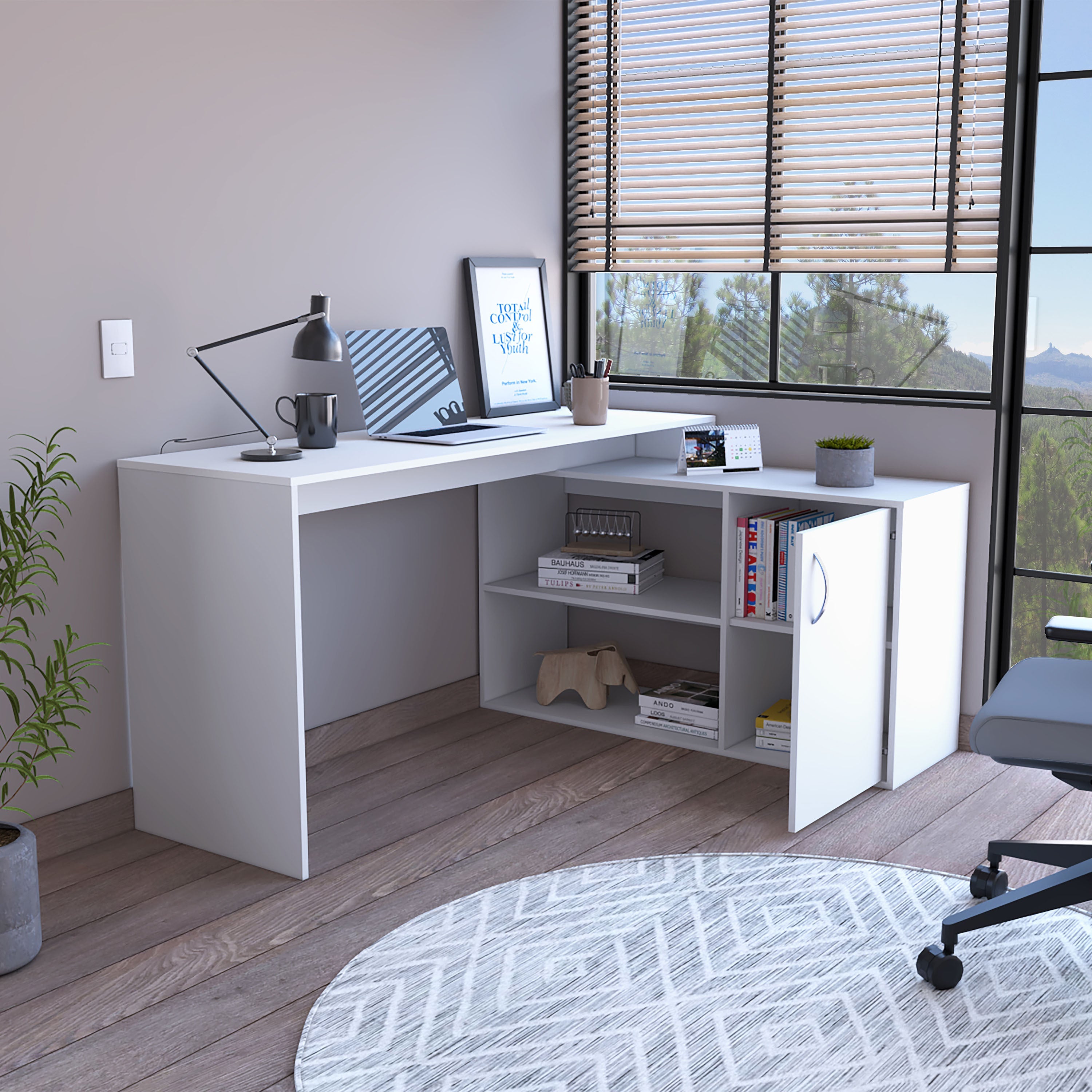 L-Shaped Desk, Single Door Cabinet, Two Open Shelves, Two Interior Shelves, White