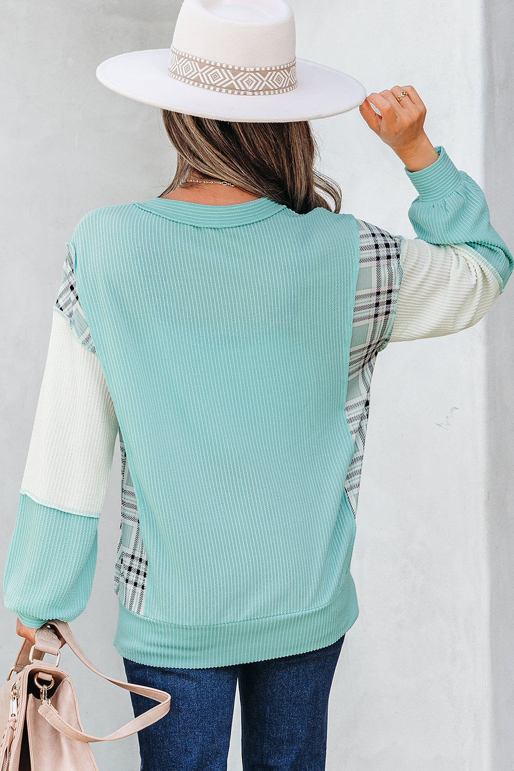 Plaid Colorblock Corded Patchwork Long Sleeve Top