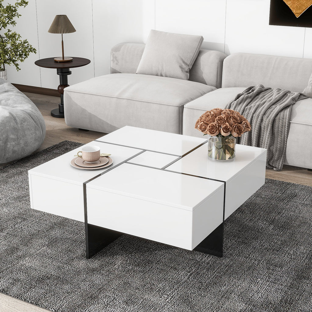 ON-TREND Unique Design Coffee Table with 4 Hidden Storage Compartments, Square Cocktail Table with Extendable Sliding Tabletop, UV High-gloss Design Center Table for Living Room, 31.5'x 31.5'