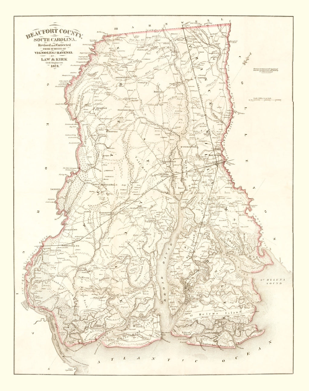 Vintage Map of Beaufort County, South Carolina 1873