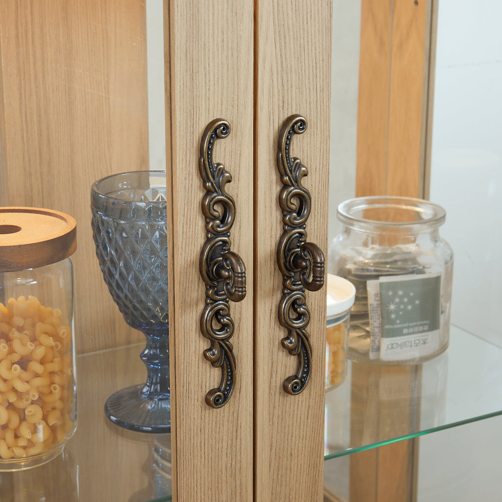 Lighted Glass Curio Display Cabinet with Adjustable Shelves - 2 Doors, 1 Drawer, LED Lights, Elegant Light Oak Finish