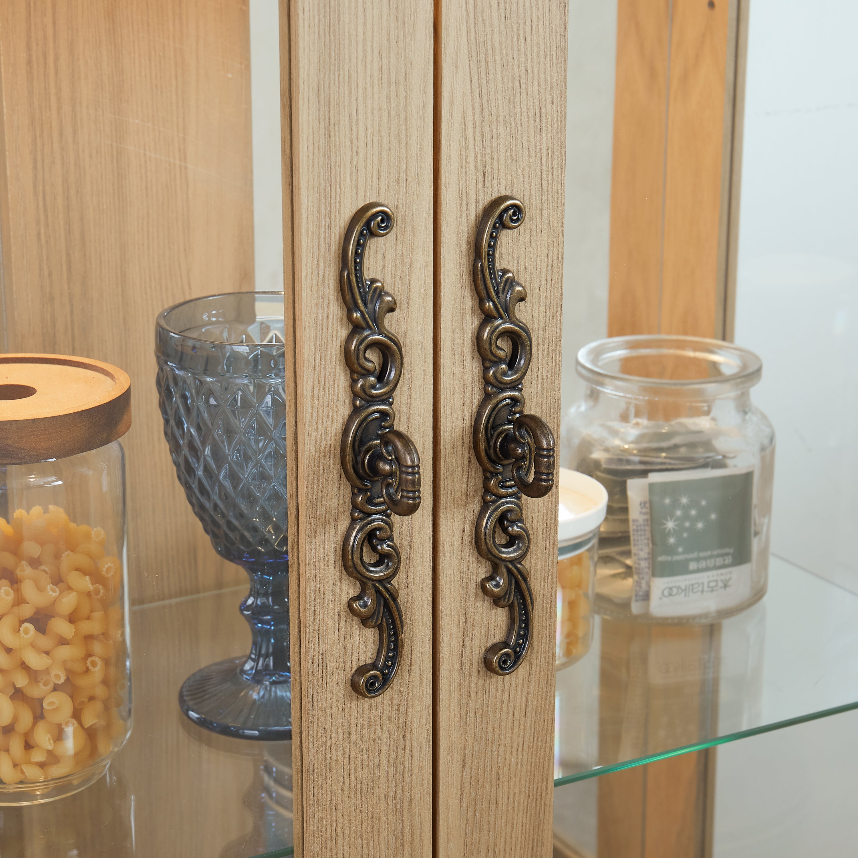 Lighted Glass Curio Display Cabinet with Adjustable Shelves - 2 Doors, 1 Drawer, LED Lights, Elegant Light Oak Finish