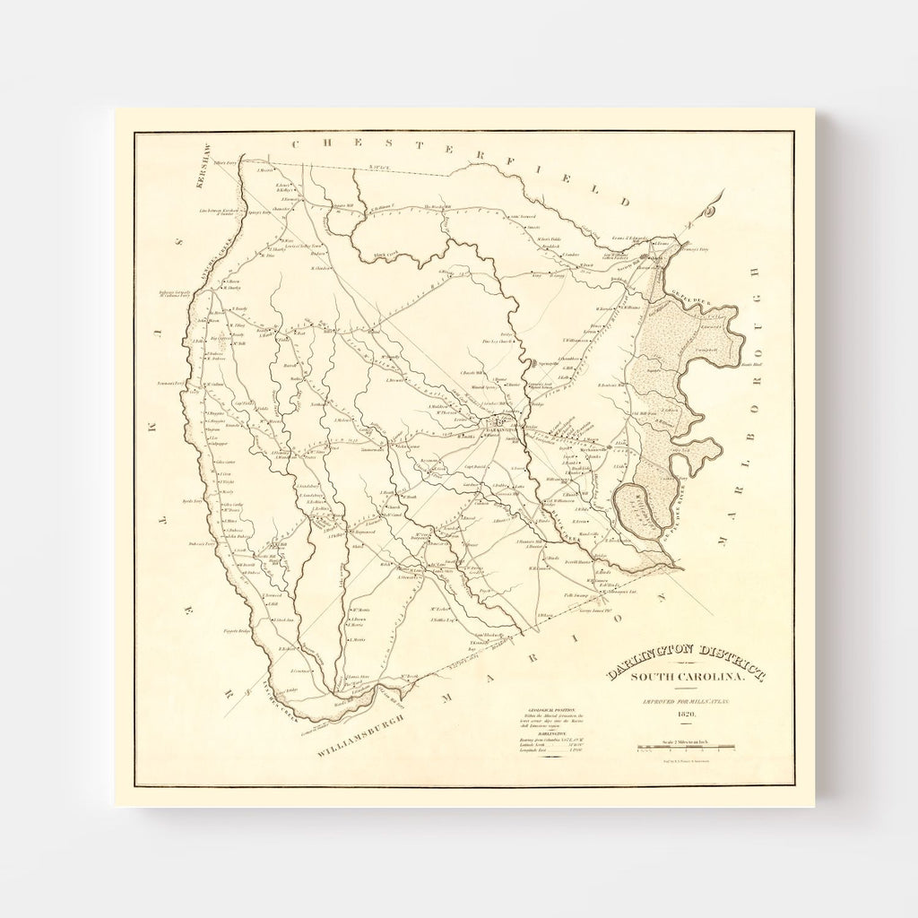 Vintage Map of Darlington District County, South Carolina 1825