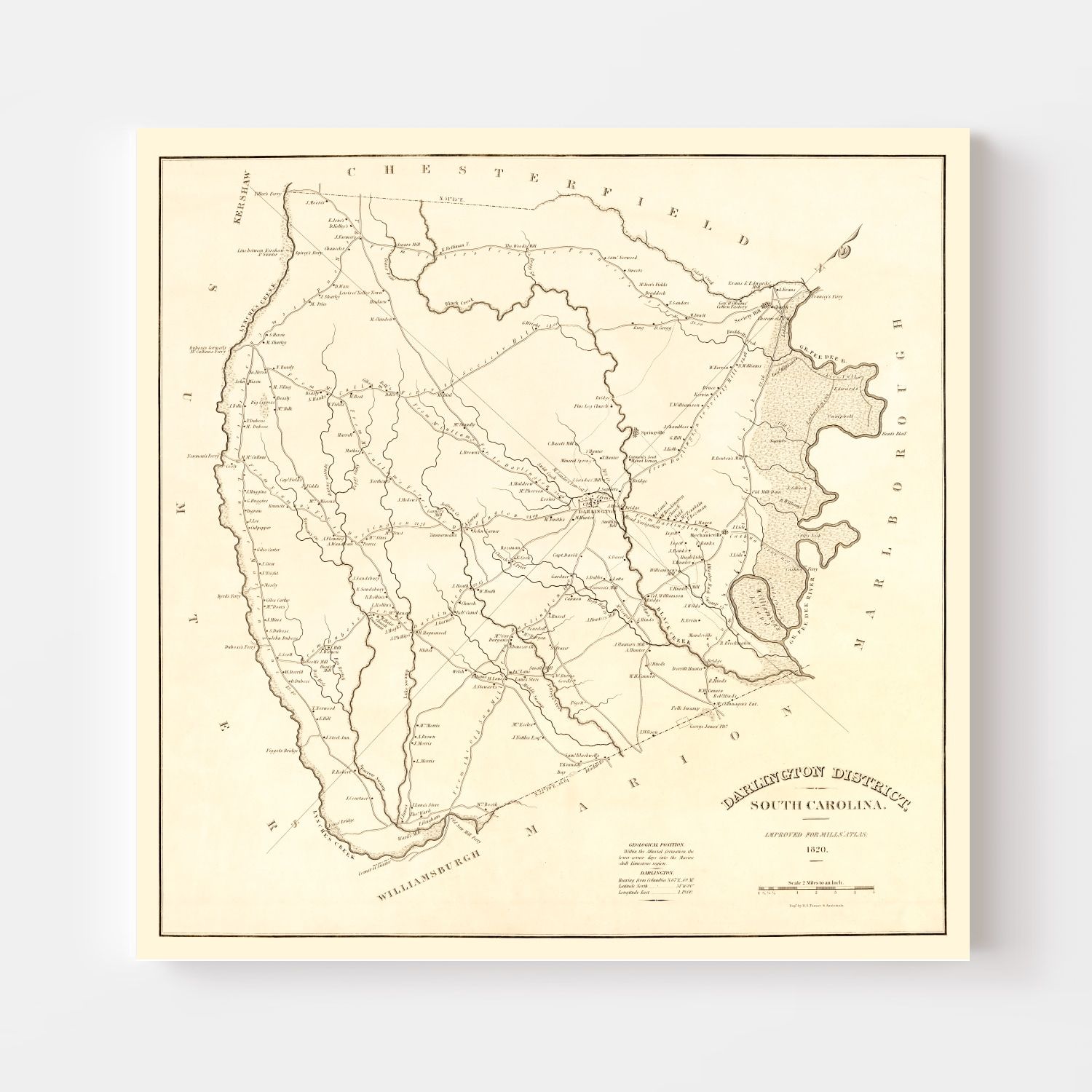 Vintage Map of Darlington District County, South Carolina 1825