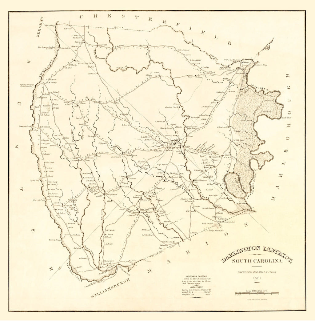 Vintage Map of Darlington District County, South Carolina 1825
