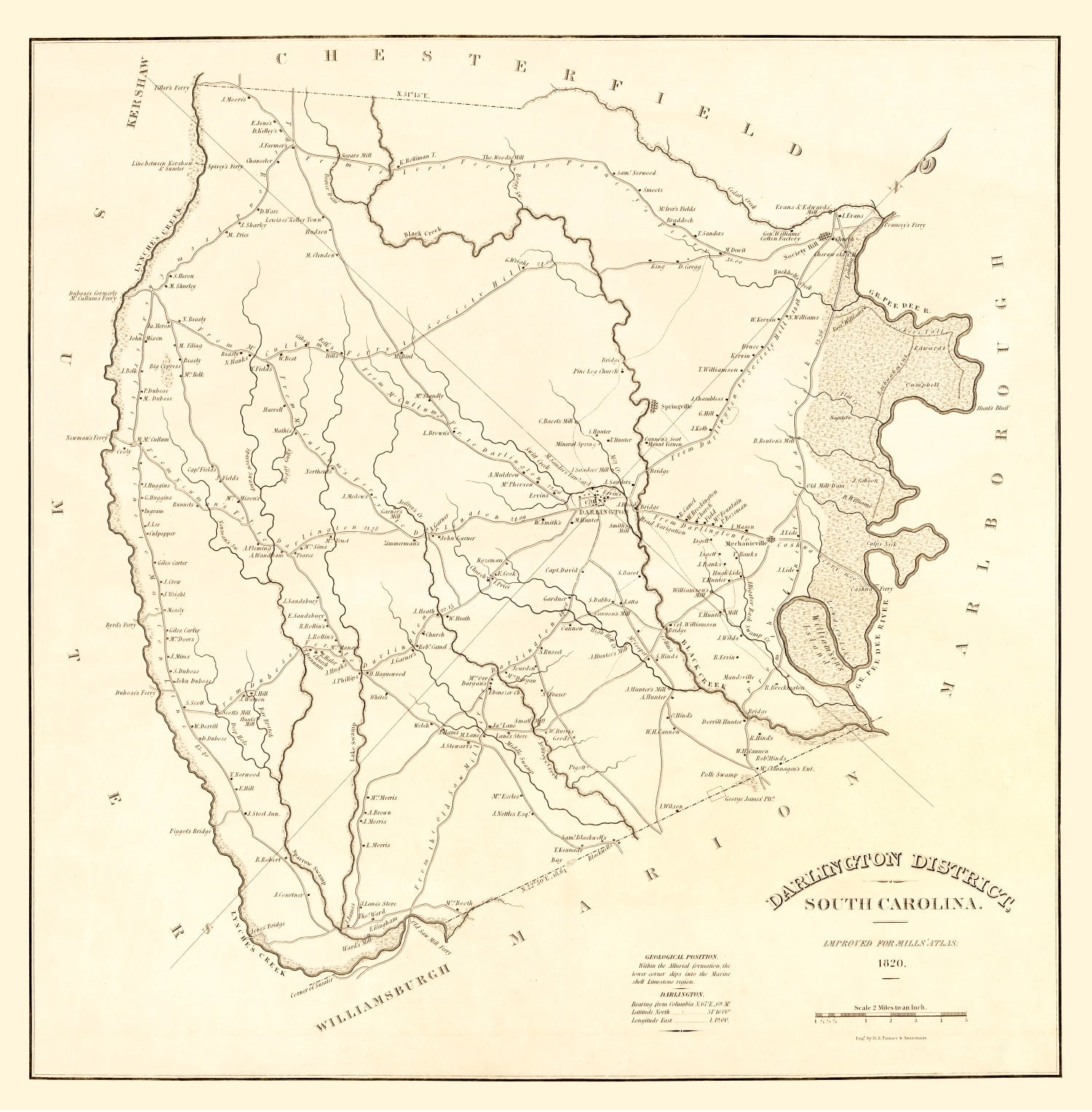 Vintage Map of Darlington District County, South Carolina 1825