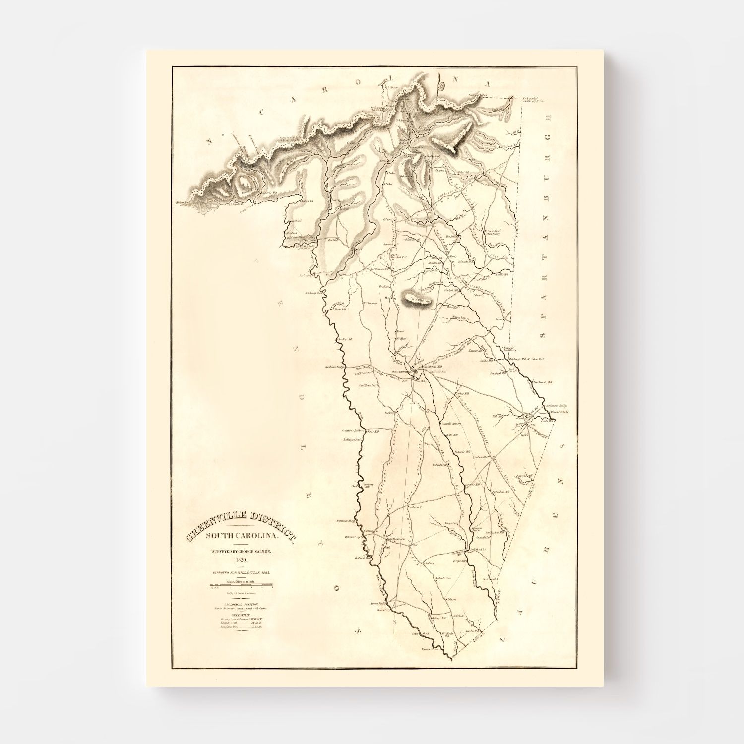 Vintage Map of Greenville District County, South Carolina 1825