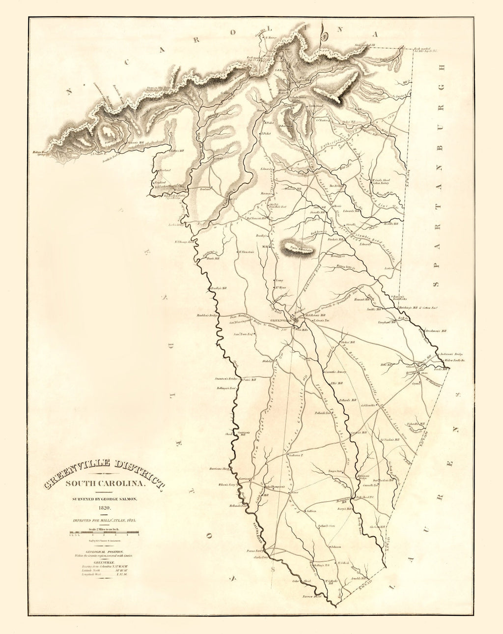 Vintage Map of Greenville District County, South Carolina 1825
