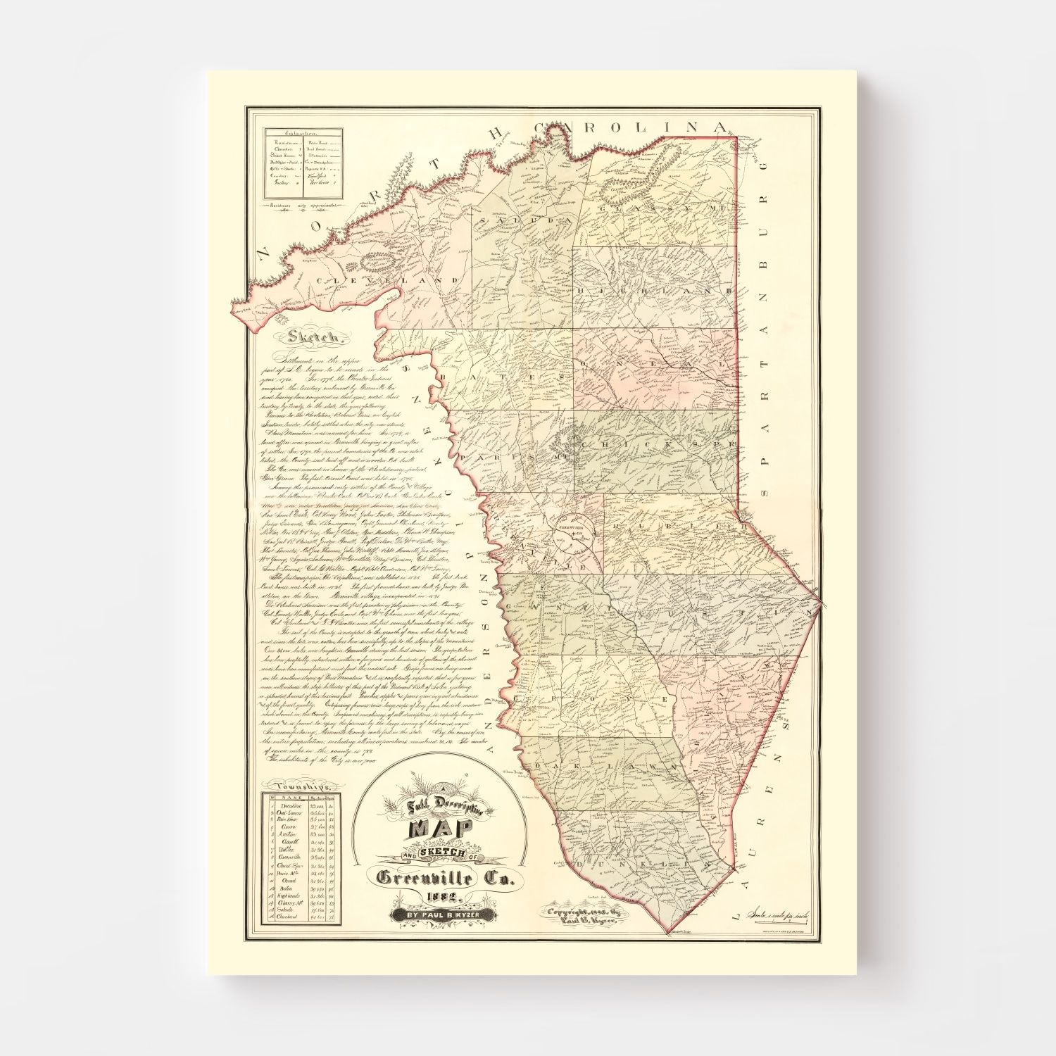 Vintage Map of Greenville County, South Carolina 1882