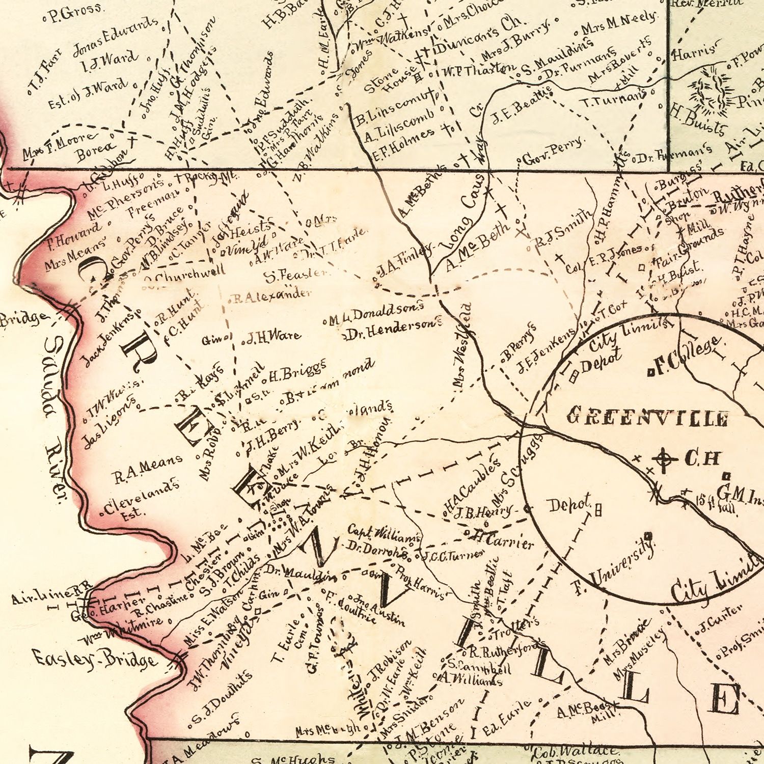 Vintage Map of Greenville County, South Carolina 1882