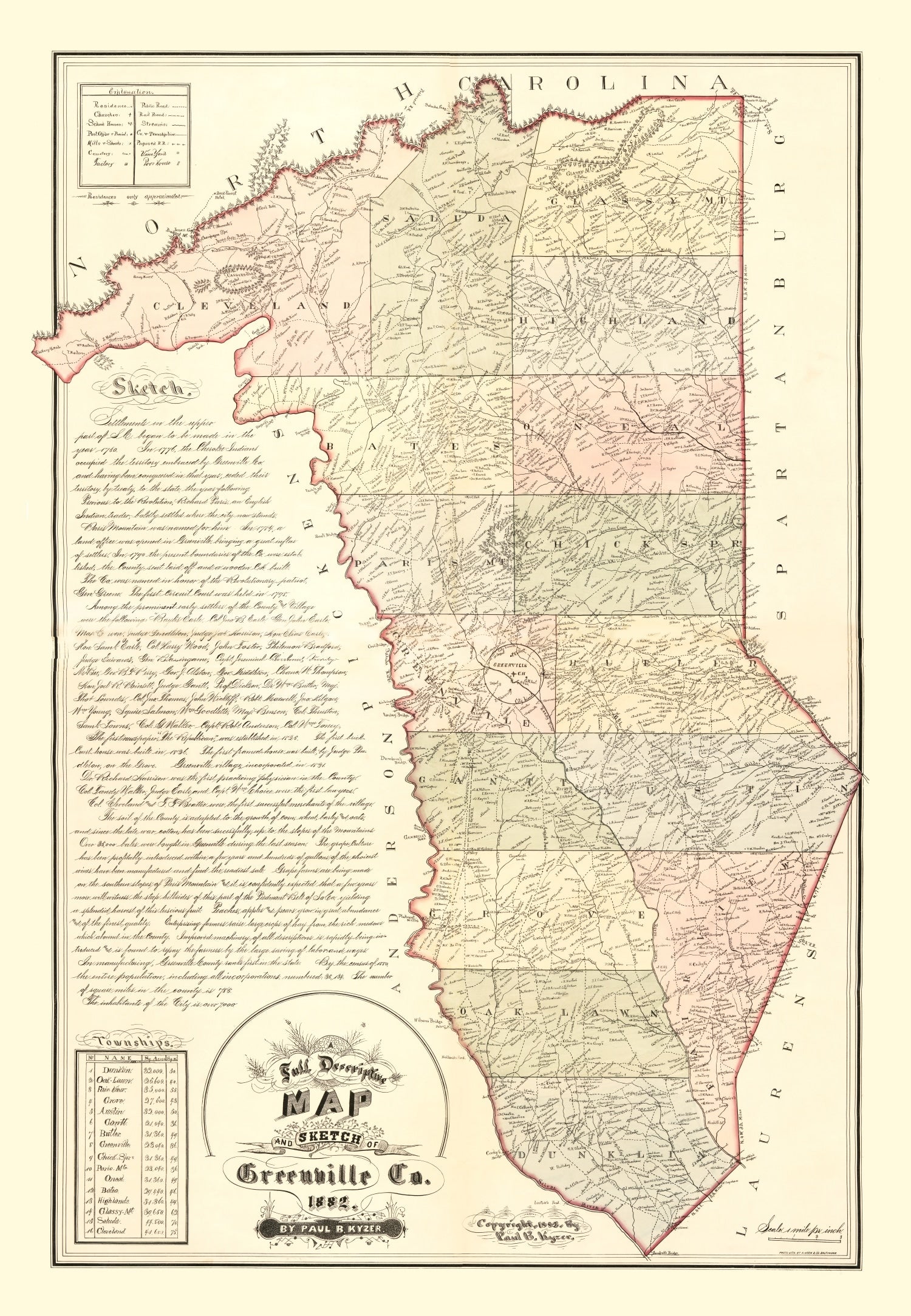 Vintage Map of Greenville County, South Carolina 1882