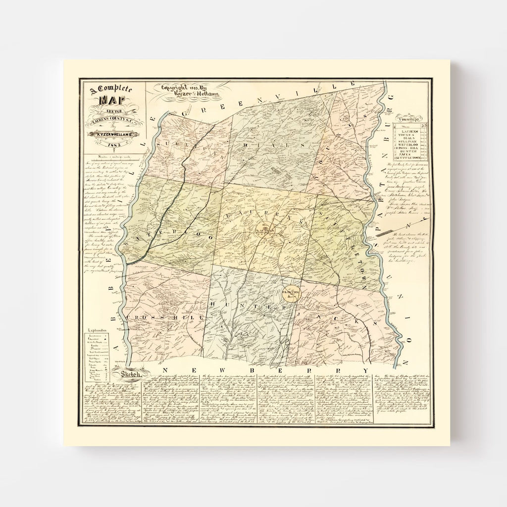 Vintage Map of Laurens County, South Carolina 1883