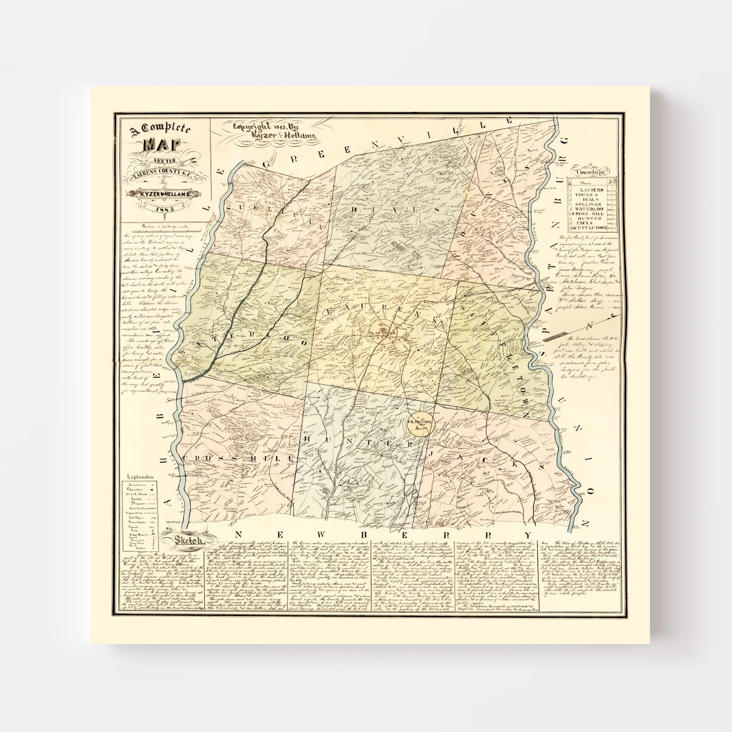 Vintage Map of Laurens County, South Carolina 1883