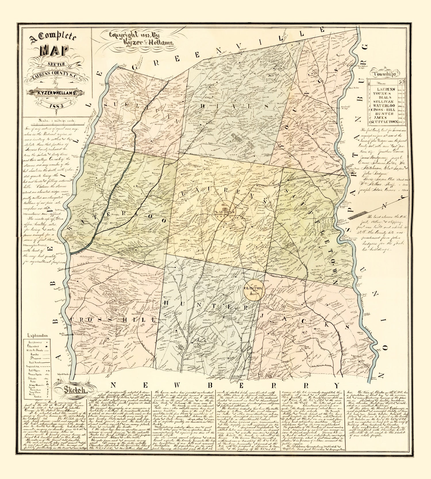 Vintage Map of Laurens County, South Carolina 1883