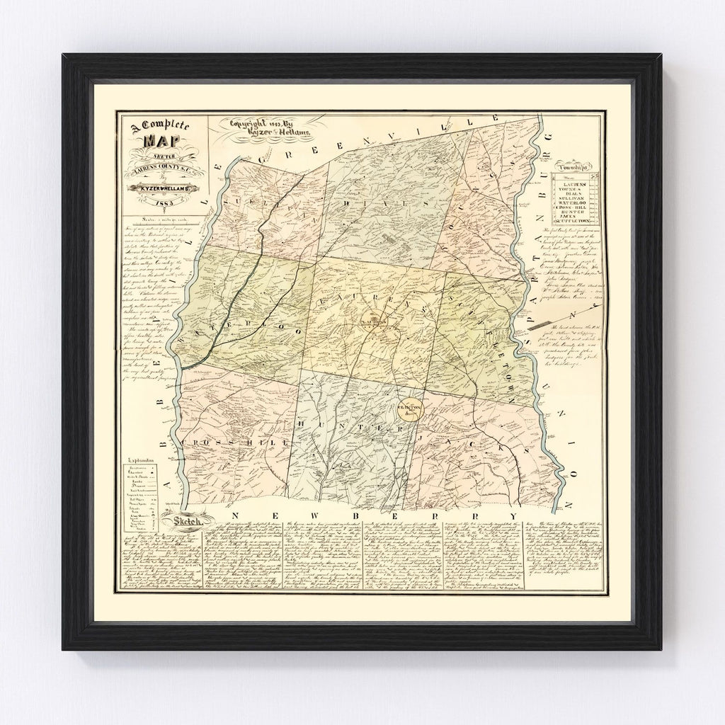Vintage Map of Laurens County, South Carolina 1883