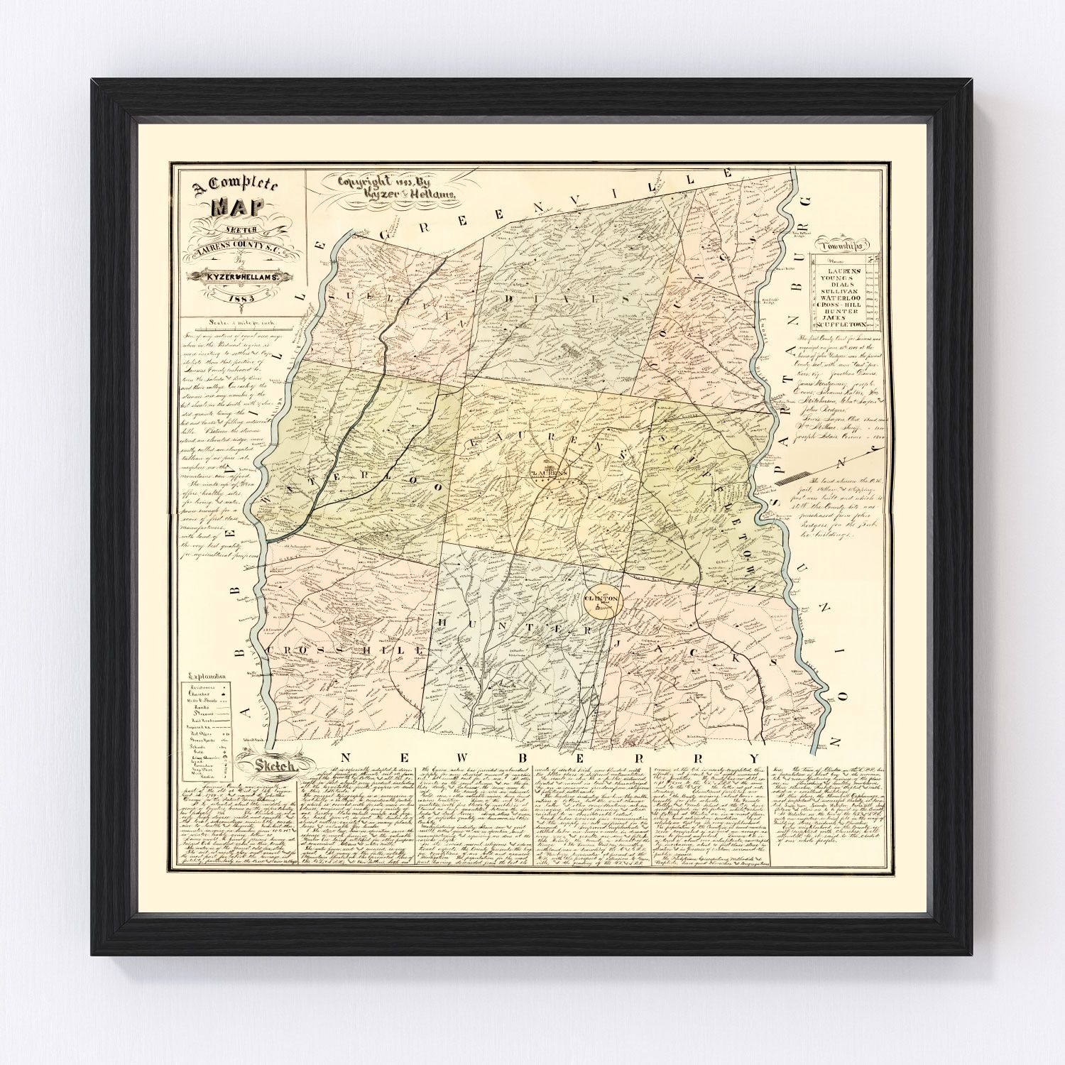 Vintage Map of Laurens County, South Carolina 1883