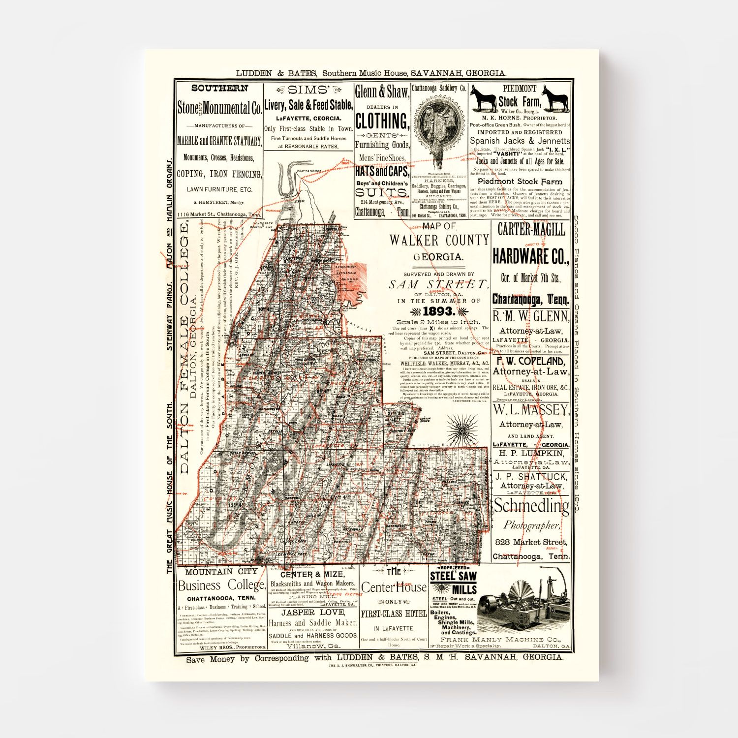 Vintage Map of Walker County, Georgia 1893