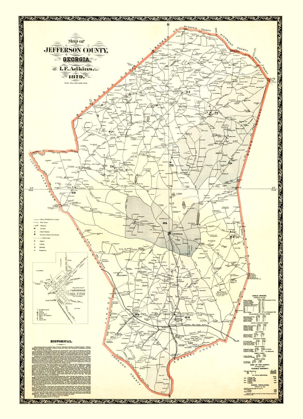 Vintage Map of Jefferson County, Georgia 1879