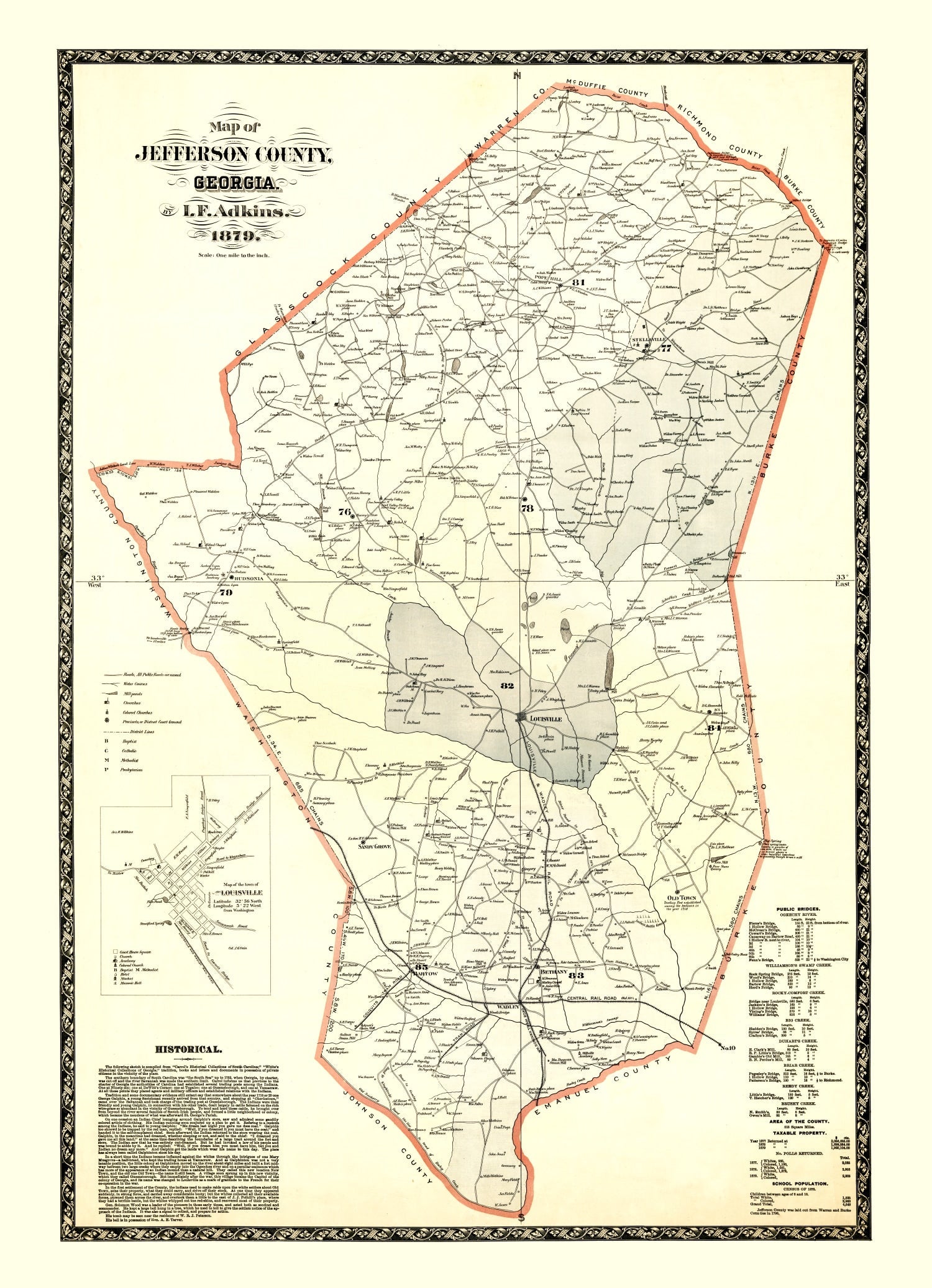 Vintage Map of Jefferson County, Georgia 1879