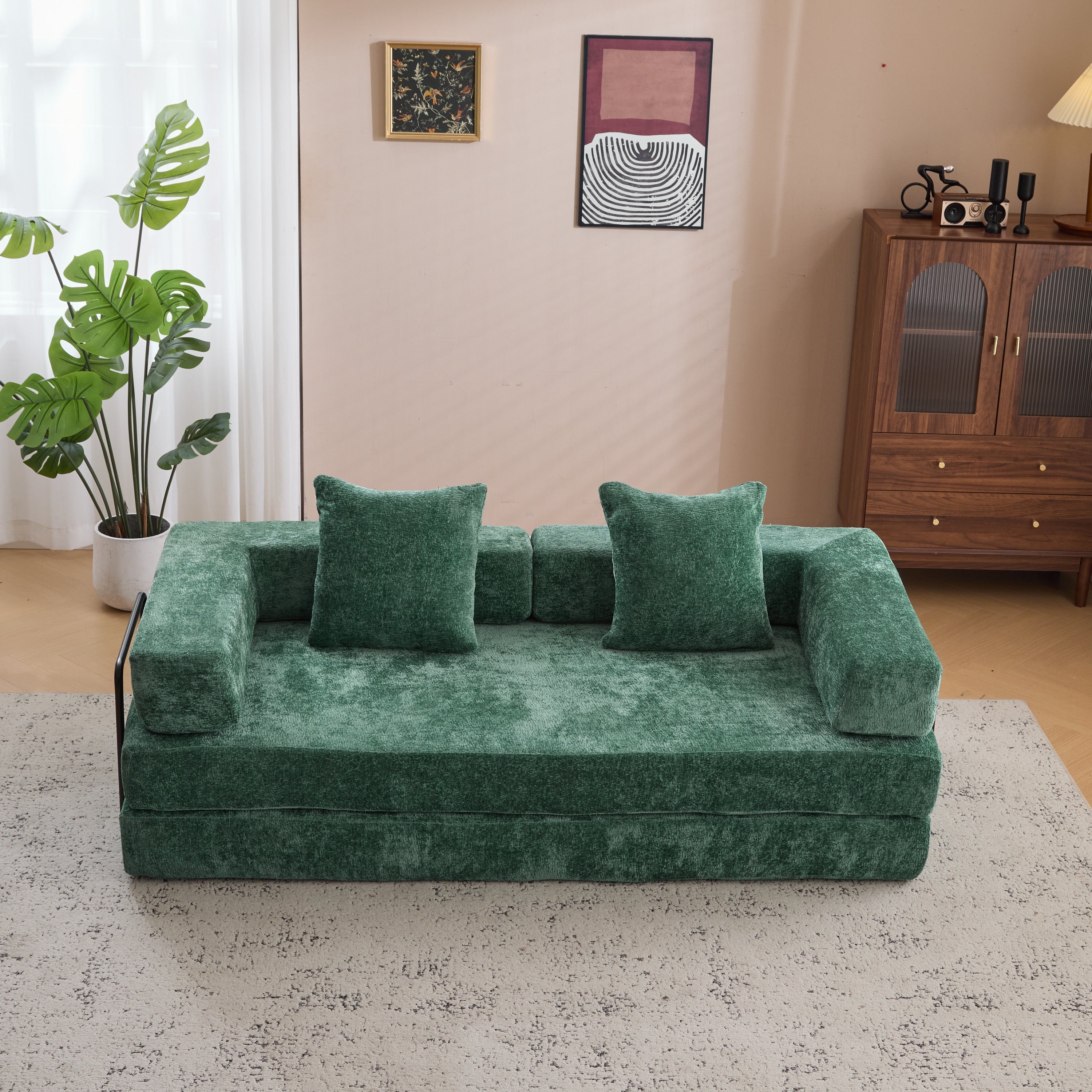 Floor Couch,Compression Sofa,Convertible Floor Sofa Bed-with Pillow Back Support Armrest,Comfy Futon Couch Lounge Sleeper Bed,Chenille fabric,for Living Room Bedroom (dark green)