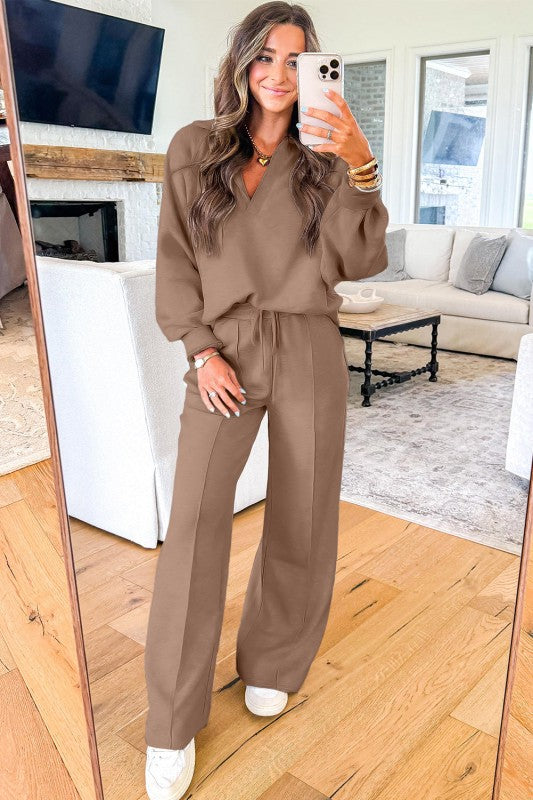 Solid V-Neck Pullover and Drawstring Sweatpants Se