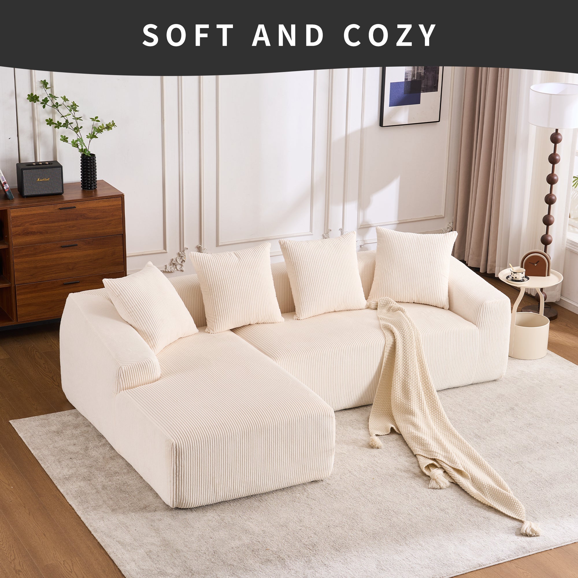 LY-023 WHITE COMPRESSION SOFA: Combining chaise longue with 3-seater, Corduroy Fabric, full sponge compression sofa,combined sofa with 4 pillows for living/ Home Furniture/ Apartment