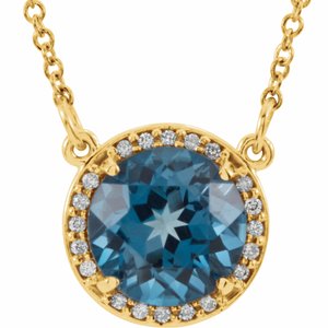 14K Yellow Gold 8 mm Natural London Blue Topaz & .05 CTW Natural Diamond 16" Necklace
