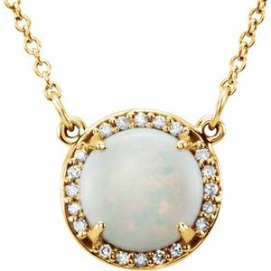 14K Yellow Gold 8 mm Natural White Opal & .05 CTW Natural Diamond 16" Necklace