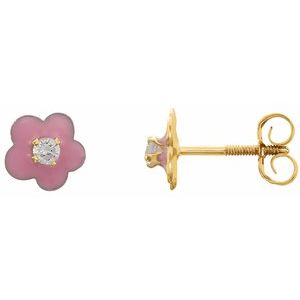 14K Yellow Gold 2 mm Imitation White Cubic Zirconia & Pink Enamel Flower Youth Earrings