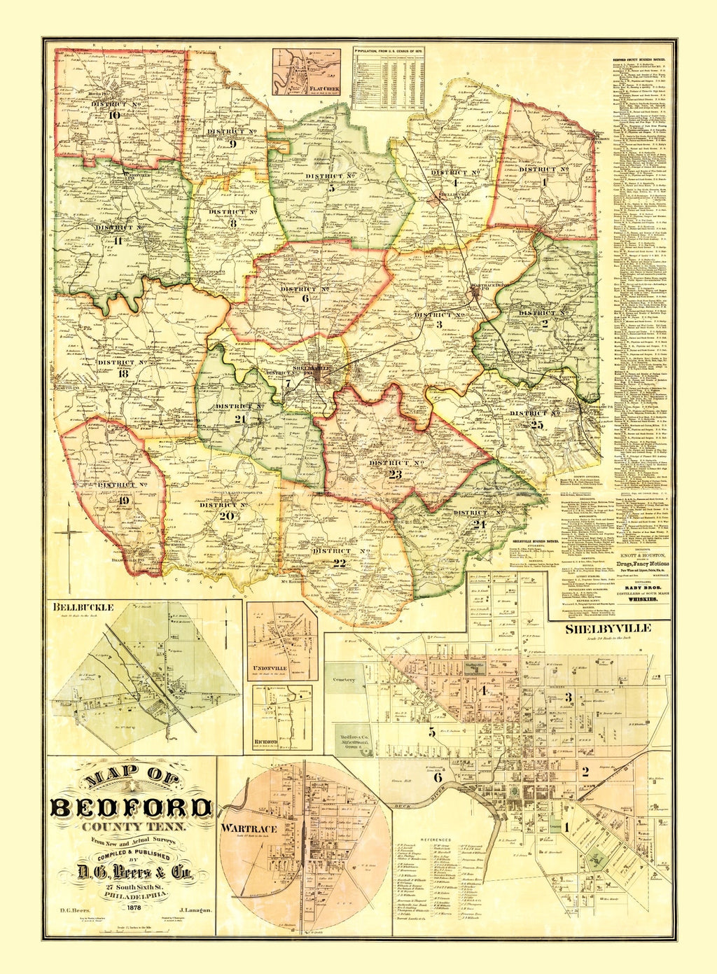 Vintage Map of Bedford County, Tennessee 1878