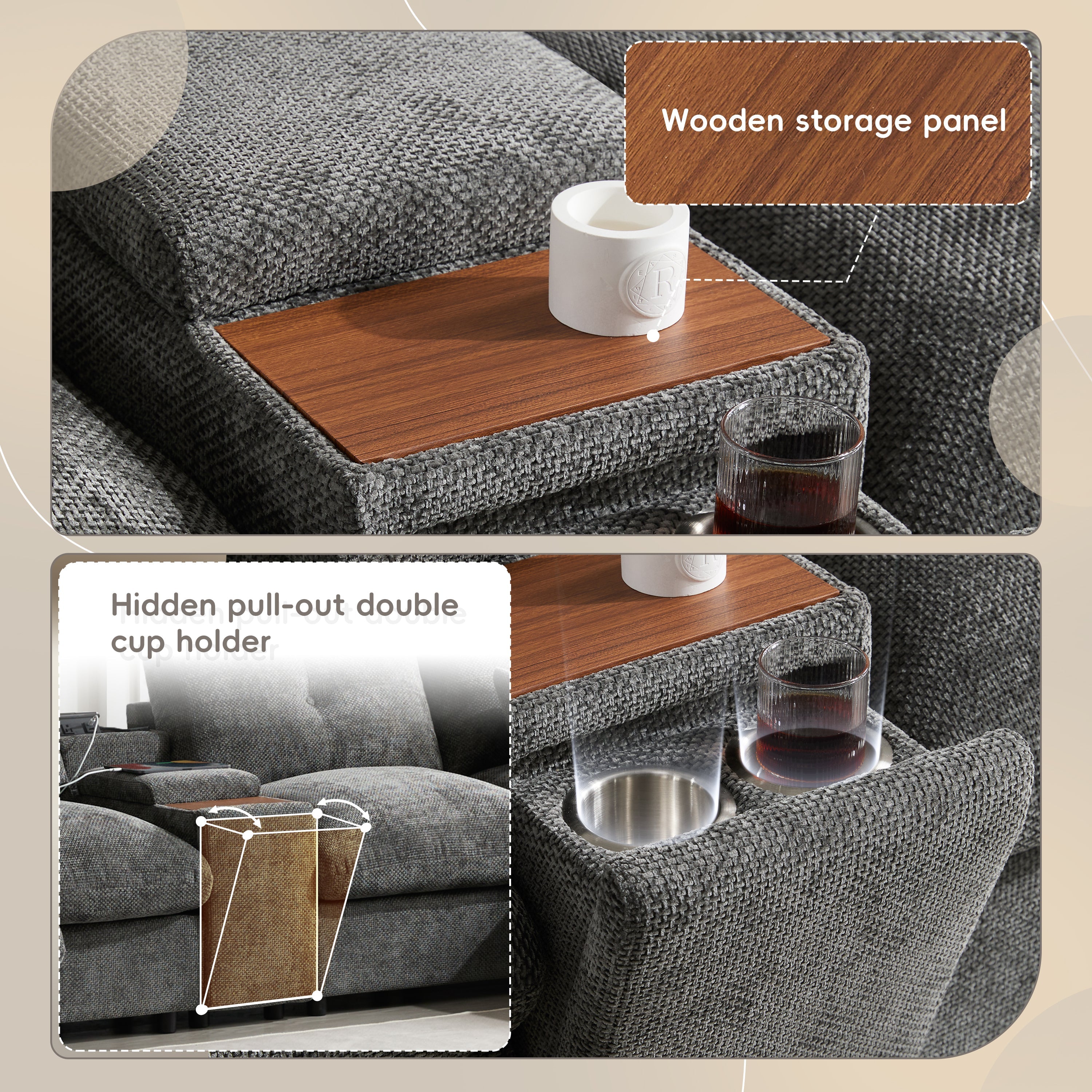 [VIDEO+NEW]142'' Modular Sectional Sofa with Movable Storage Ottoman and Console,Cup Holder,Wide Seat,6 Seat U Shaped Couch,Oversized Chenille Sofa with USB Charger for Living Room,Apartment,2 Colors