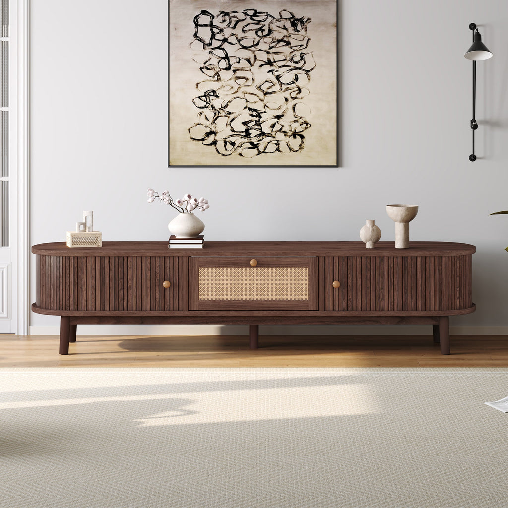 Modern Design TV Stand for 75' TVs, Media Console TV Cabinet with Rattan-Front Drawer for Living Room, 1 Drawer and 2 Sliding-Door Cabinets