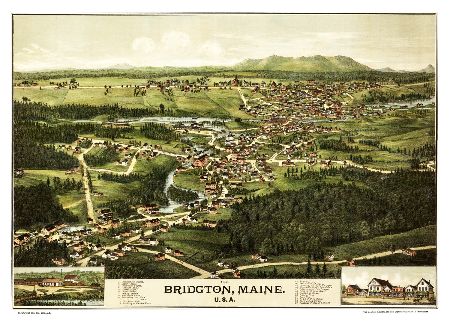 Vintage Map of Bridgton, Maine 1888
