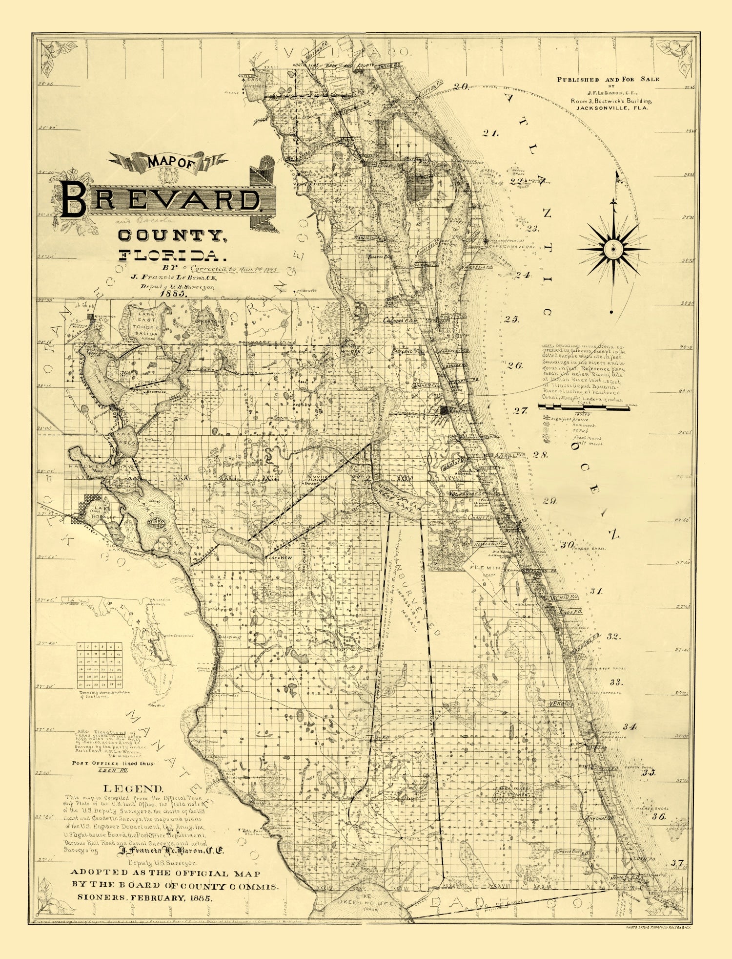 Vintage Map of Brevard County, Florida 1893