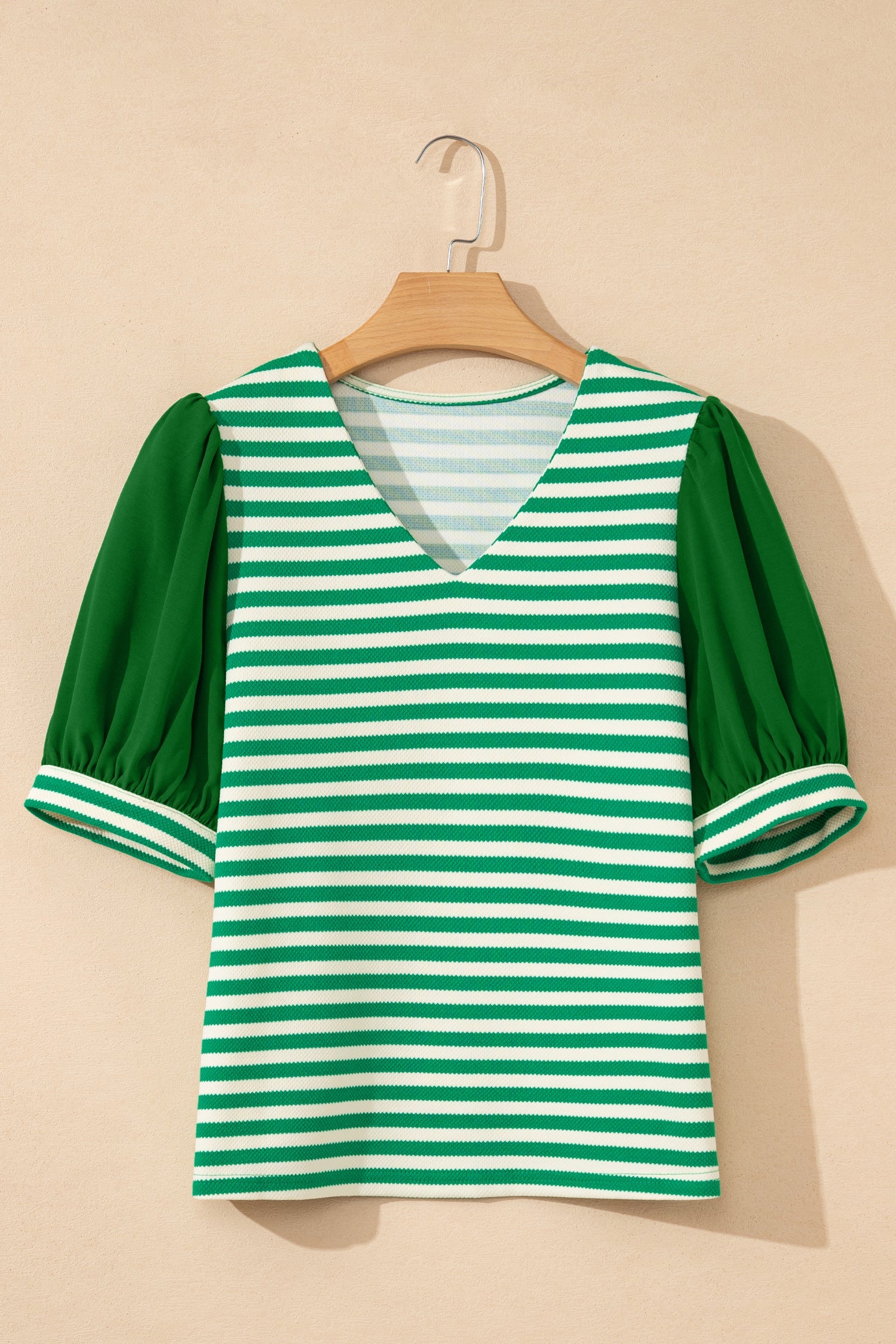 Stripe Patchwork Puff Short Sleeve V-Neck Blouse