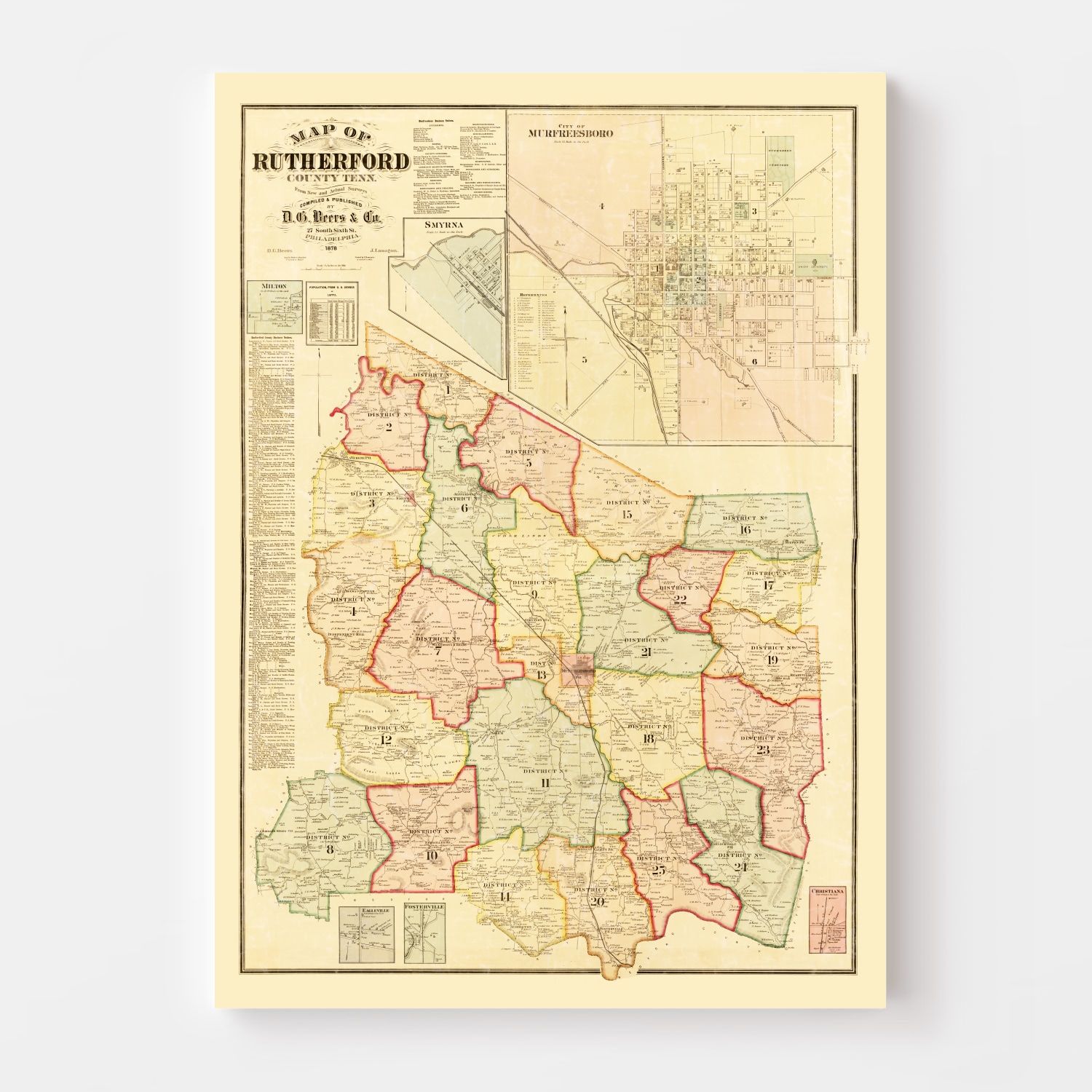 Vintage Map of Rutherford County, Tennessee 1878