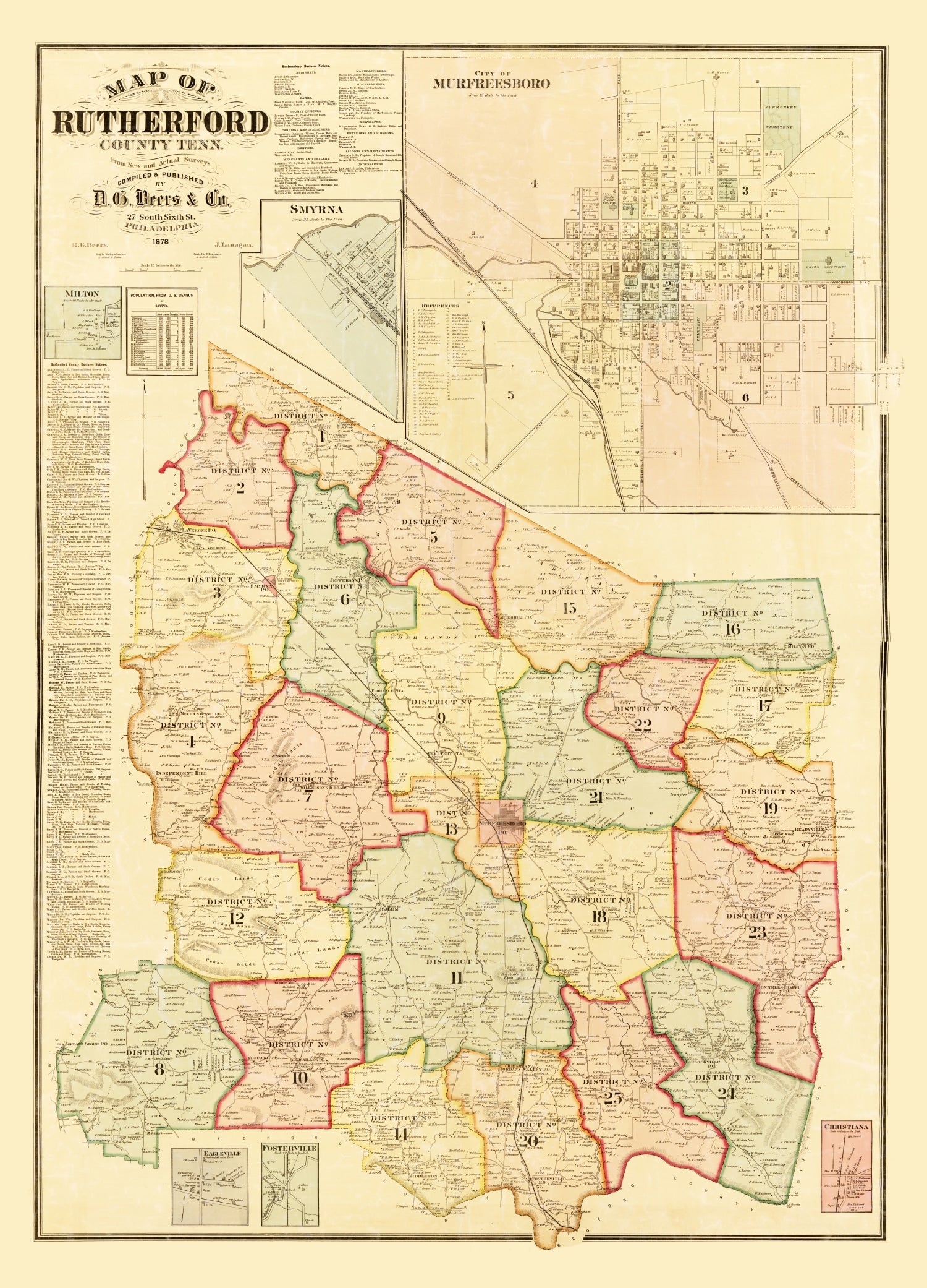 Vintage Map of Rutherford County, Tennessee 1878