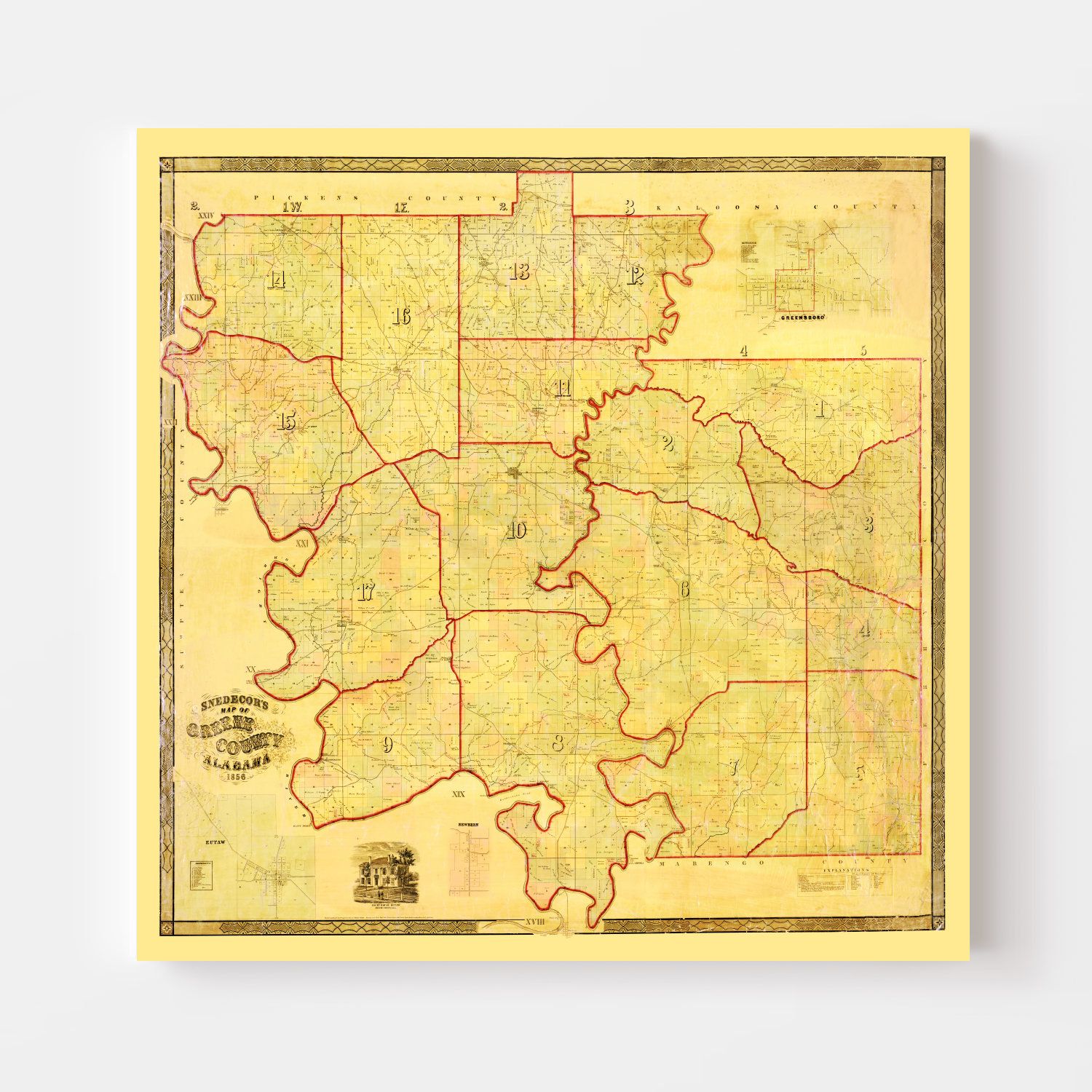 Vintage Map of Greene County, Alabama 1856